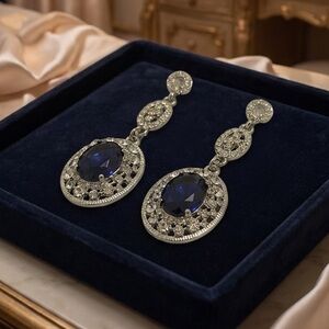 Silver w/Rhinestone & Royal Blue Dangle Earrings